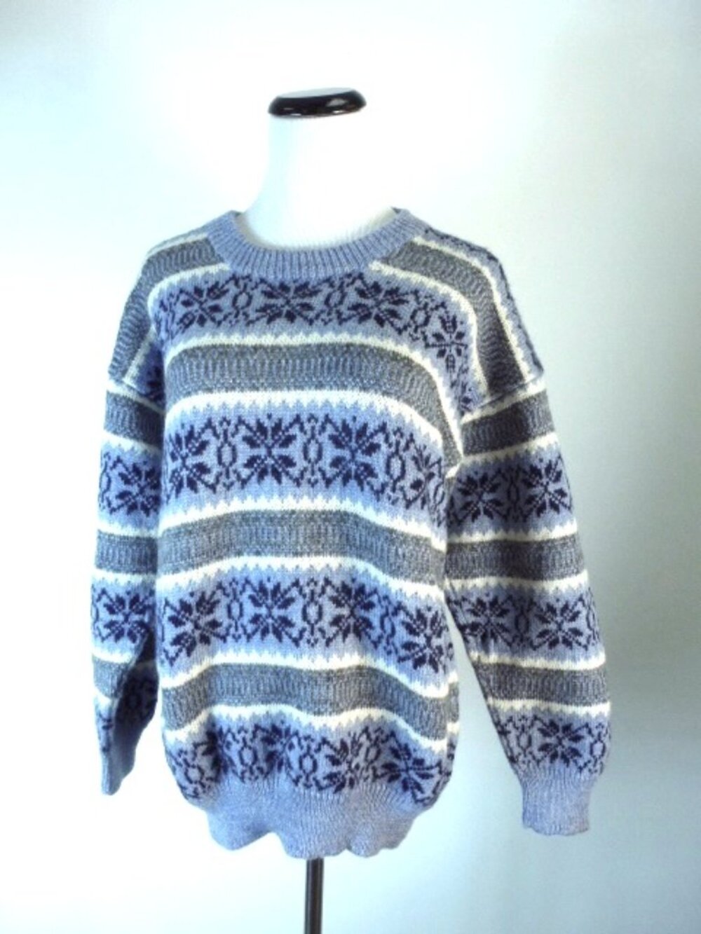 JUMPERS NEW ZEALAND FAIR ISLE wool blue gray navy cream retro sweater jumper M